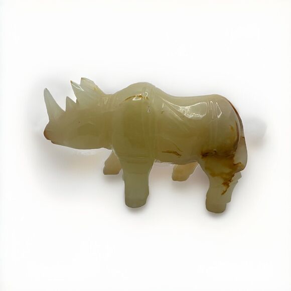 5.5” Agate Carved Crystal Rhinoceros White, Yellow & Brown In Color 3” Tall